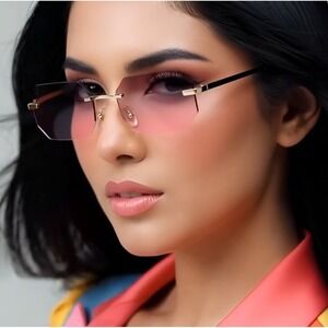 Small Pink Gradient Lens Sunglasses Gold Metal Frame Women Light weight Comfort